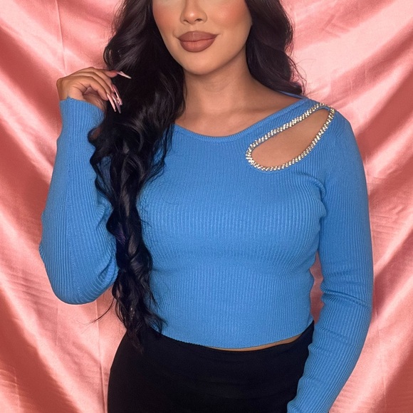 Blue Long Sleeve Crop Top - Picture 1 of 2